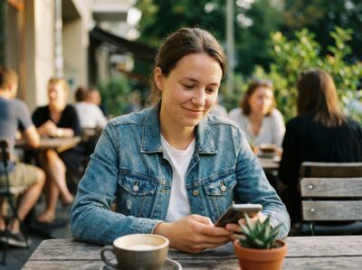Woman enjoying wireless freedom at a cafe with Vouch Mobile